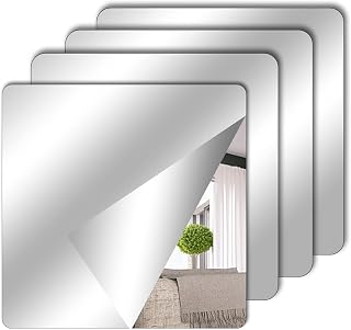 TSLBW 4 Pack Self Adhesive Mirror Stickers 15x15cm Acrylic Mirrors Stick on Mirror for Wall School Home Livingroom Bathroom Bedroom Decor, 2mm Thick