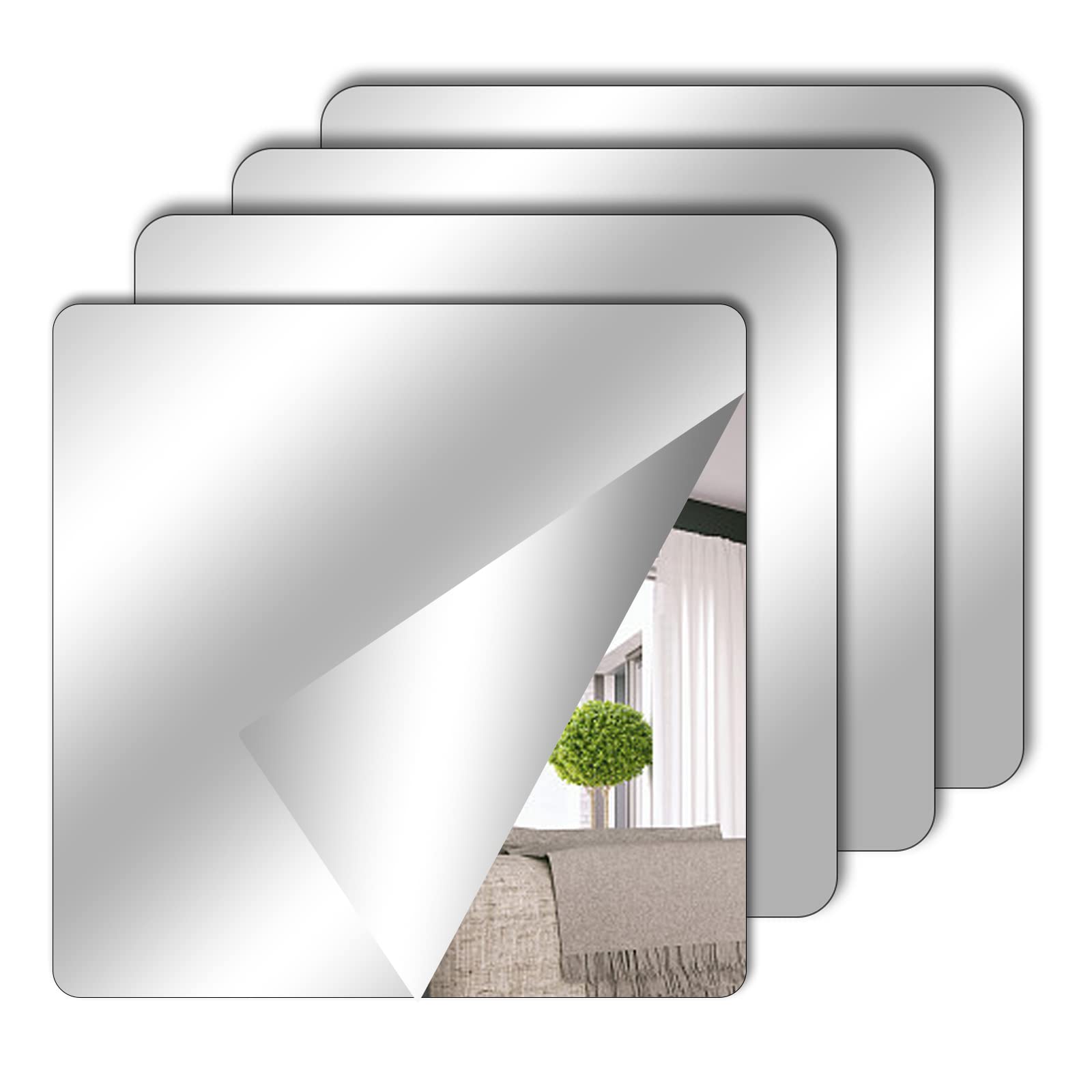 TSLBW 4 Pack Self Adhesive Mirror Stickers 15x15cm Acrylic Mirrors Stick on Mirr