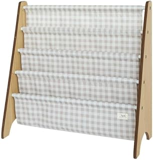 3 Sprouts Kids Bookshelf, 4-Tier Rack, Holds 35 Books, Gingham Beige | 4-tier sling book rack for kids rooms, nursery, playroom or classroom storage; kids reading nook; nursery playroom classroom.