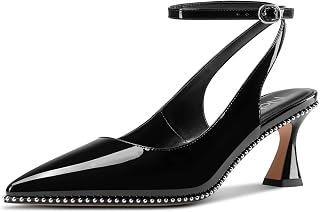NobleOnly Womens Slingback Heels Beaded Pumps Ankle Strap Pointed Toe Kitten Heels Dress Shoes 2.6 Inches