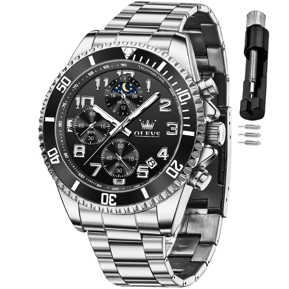 OLEVS Luxury Mens Chronograph Lunar Phase Two Tone Stainless Steel Waterproof Lu