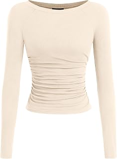 PRETTYGARDEN Camicie a maniche lunghe da donna 2025 autunno increspato lati scollo a barca t-shirt basic casual aderente a costine crop top in maglia