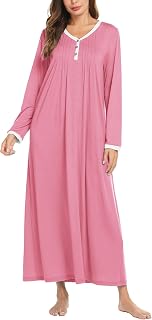 Ekouaer Women's Long Sleeve Nightgown Full Length Sleepwear Long Sleepshirts Henley Sleep Dress