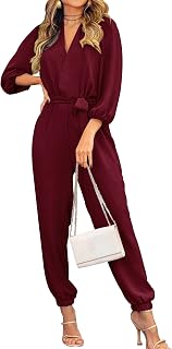 PRETTYGARDEN Autumn Jumpsuits for Women 2023 Casual Elegant One Piece Dresses V Neck Long Sleeves Belt Pockets Long Pants Romper