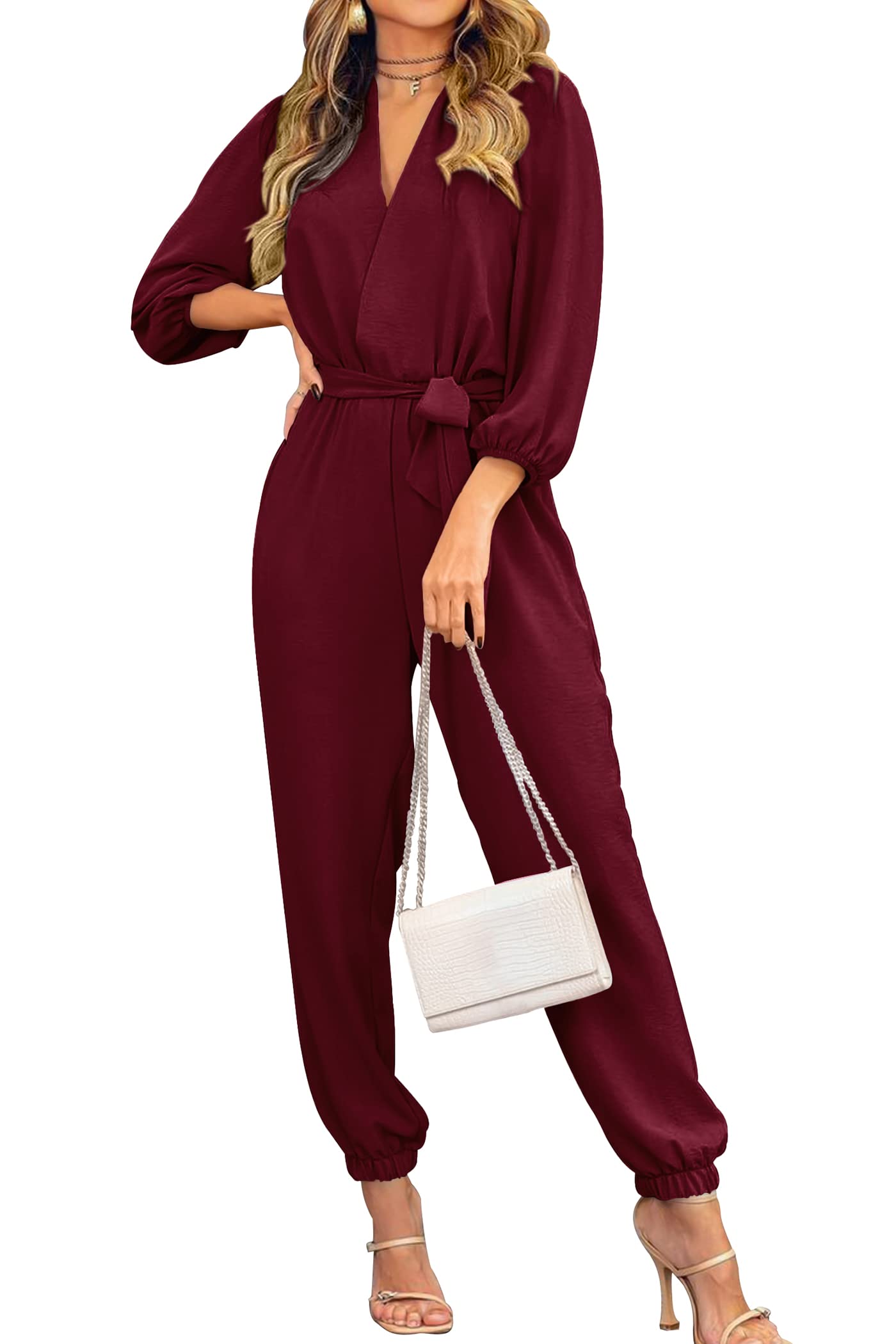 PRETTYGARDEN Autumn Jumpsuits for Women 2023 Casual Elegant One Piece Dresses V 
