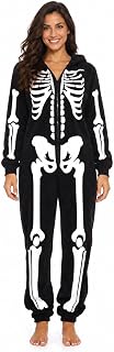 Just Love Women's Adult Onesie Skeleton Halloween Costume with Hood | Soft microfleece skeleton onesie with a hood and zip-up front for trick-or-treating, Halloween parties, and cozy lounging.