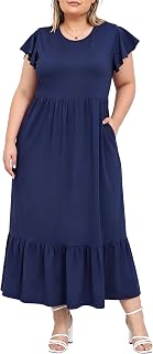 Women's 2026 Plus Size Summer Dress Casual Maxi Dresses with Pockets Crew Neck Ruffle Short Sleeve Floral Long Dress