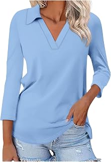Hnodov Women's 3/4 Sleeve Golf Shirts Collared V Neck Shirts 2024 Fall Casual Basic Tees Ladies Relaxed Fit Tops Blouse