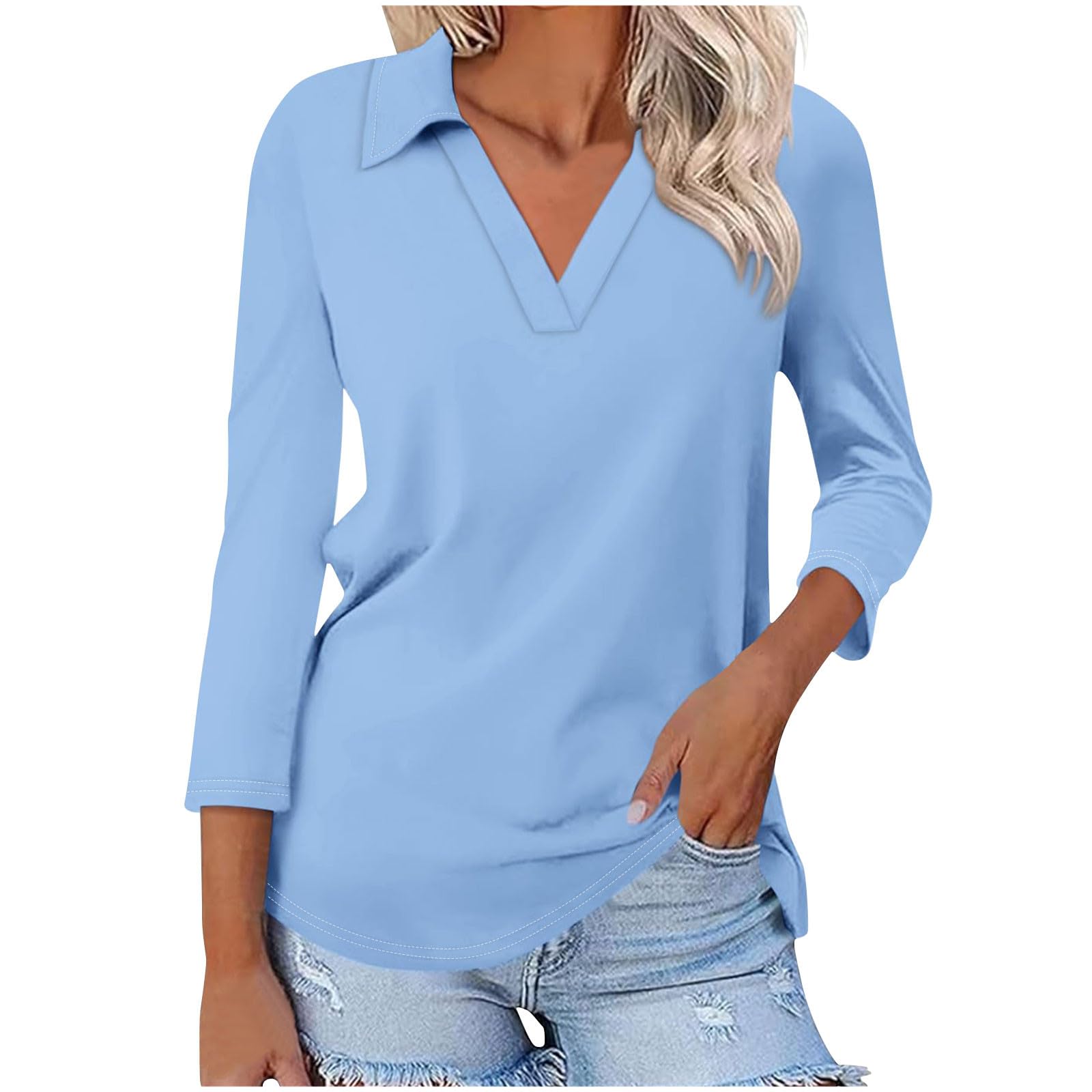 Hnodov Women's 3/4 Sleeve Golf Shirts Collared V Neck Shirts 2024 Fall Casual Ba