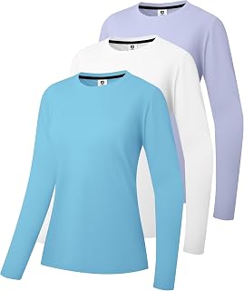Pack of 3 Women's Sports Shirts Long Sleeve Breathable T-Shirts, U-Neck, Hiking Shirt, Running Training T-Shirt