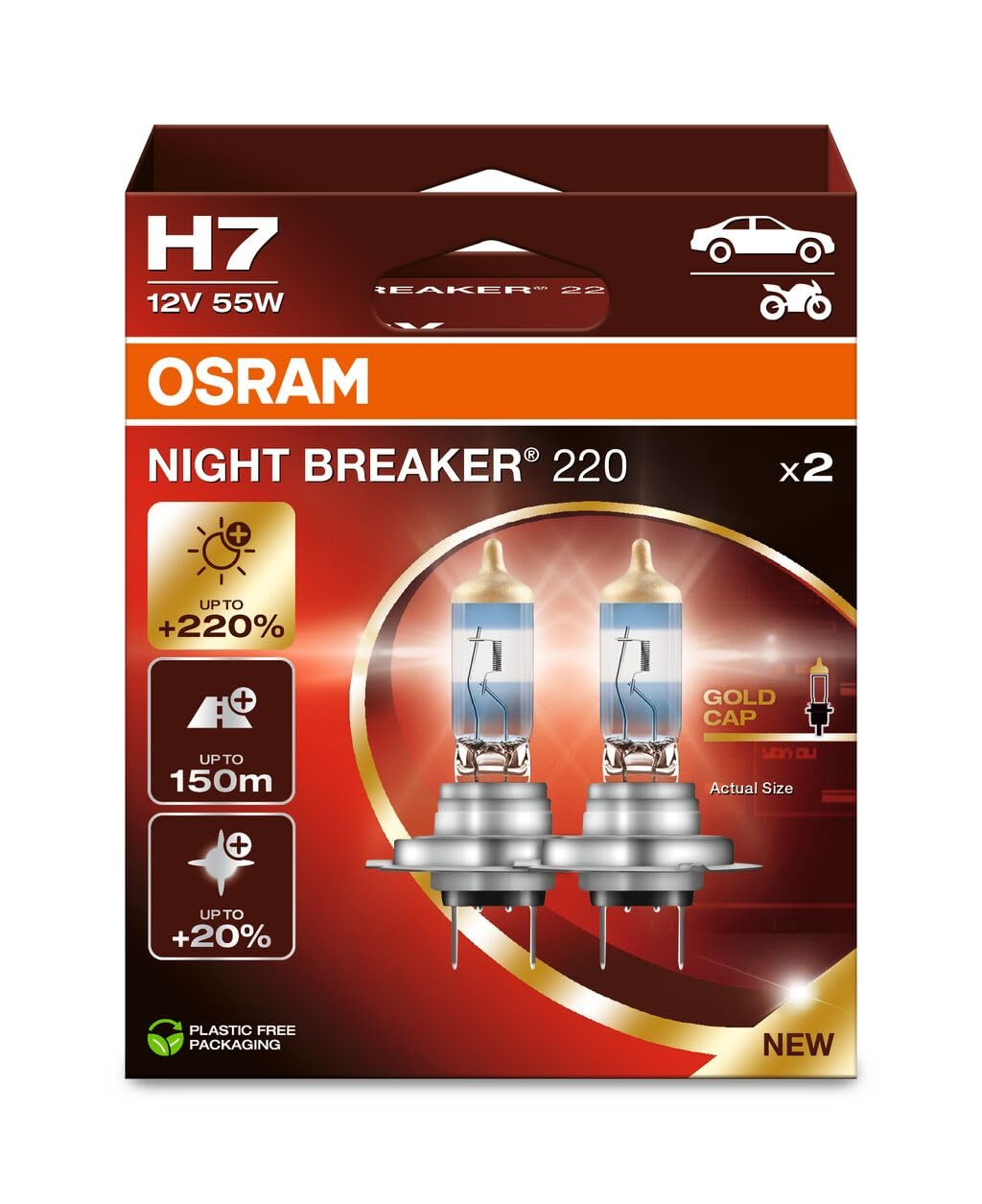 OSRAM NIGHT BREAKER 220, H7, +220% more brightness, halogen headlight lamp, 6421
