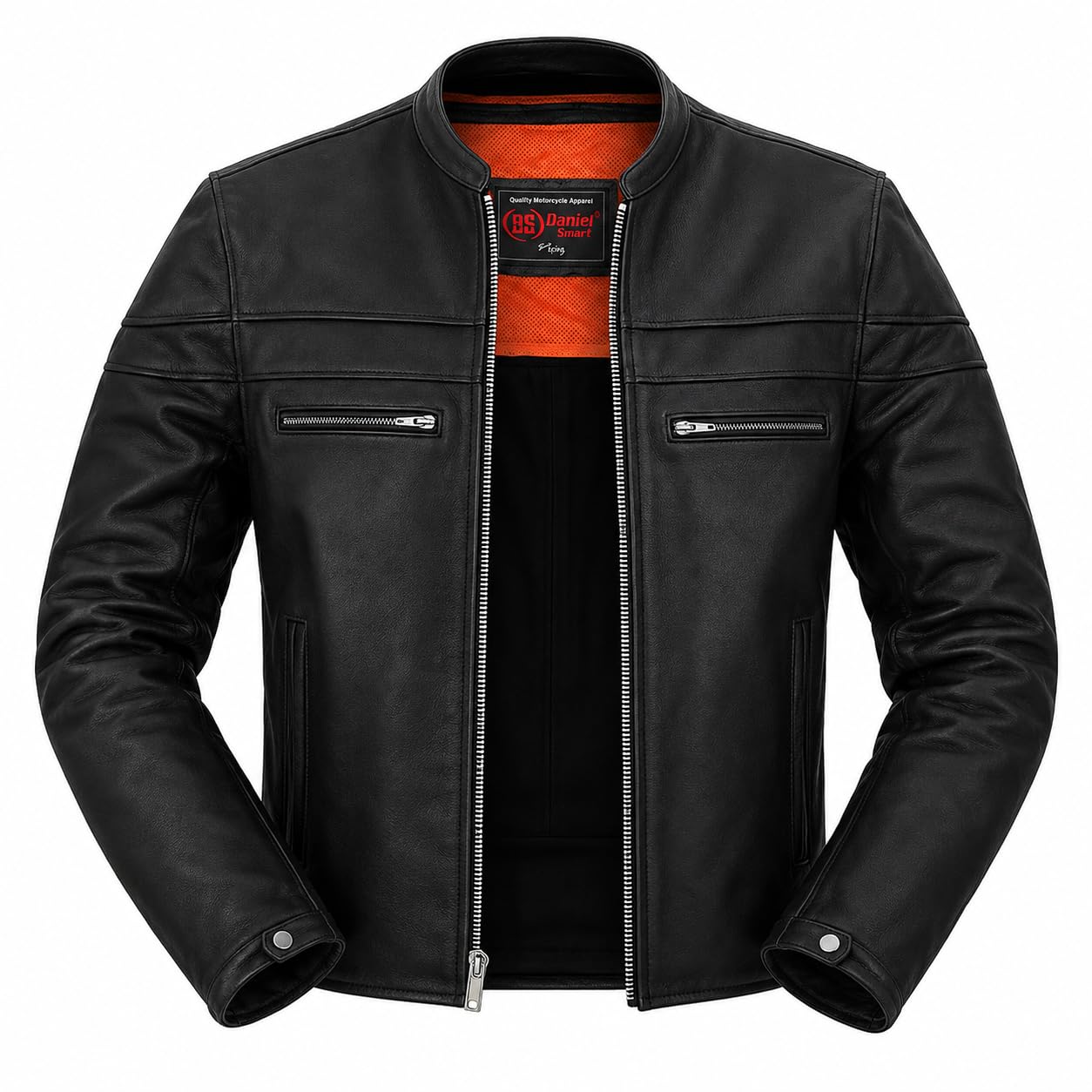 Daniel Smart Veste de moto en cuir noir avec col mandarin et poches intérieures 