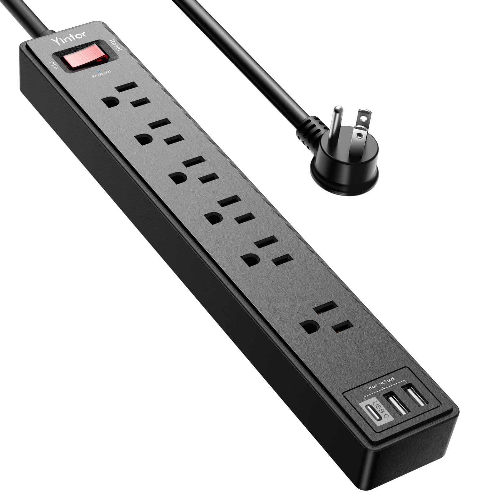 Yintar 6Ft Surge Protector Power Strip with 6 Outlets & 3 USB Ports, Black | 6 F