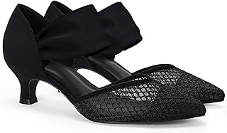 Coutgo, Women's Low Heel Spool Pointed Toe Ankle Strap Elegant Pumps Party Wedding Shoes Black Net.6
