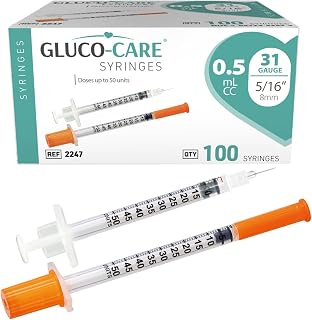 GLUCO-CARE 0.5 ml/cc Syringes 31G x 5/16’’ (8mm), 100/box | Fine Tip, Home & Lab Use, Clear Barrel, Bold Scale, Smooth Plunger Movement with back-end stopper, Leak-Proof Design