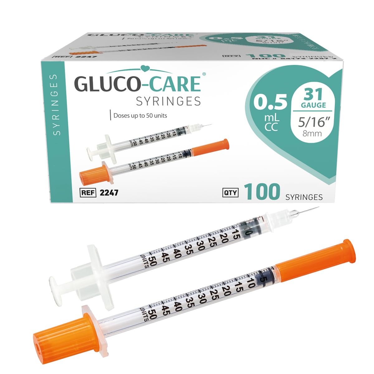 GLUCO-CARE 0.5 ml/cc Syringes 31G x 5/16’’ (8mm), 100/box | Fine Tip, Home & Lab