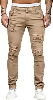 HUNGSON Jeans Slim Fit Blue Men's Stretch Ripped Skinny Jeans Ripped Denim Trousers Side Stripes Denim Trousers