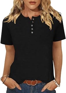 TICTICMIMI Womens Crew Neck Short Sleeve Tops Summer Basic Button T-Shirts Loose Cute Tunic Tee Blouses Fit Pullover