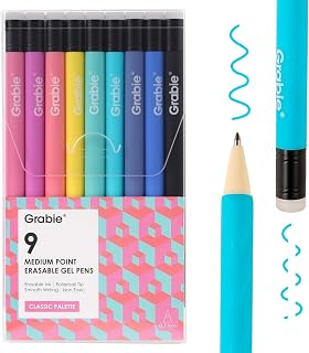 Grabie Erasable Gel Pens, 9 Medium Point 0.7 mm Pens, Classic | Heat-Sensitive Erasable Ink, Clean Erasing, Smooth Writing, Vibrant Assorted Colors, Twist-up Design, Drawing, Journaling
