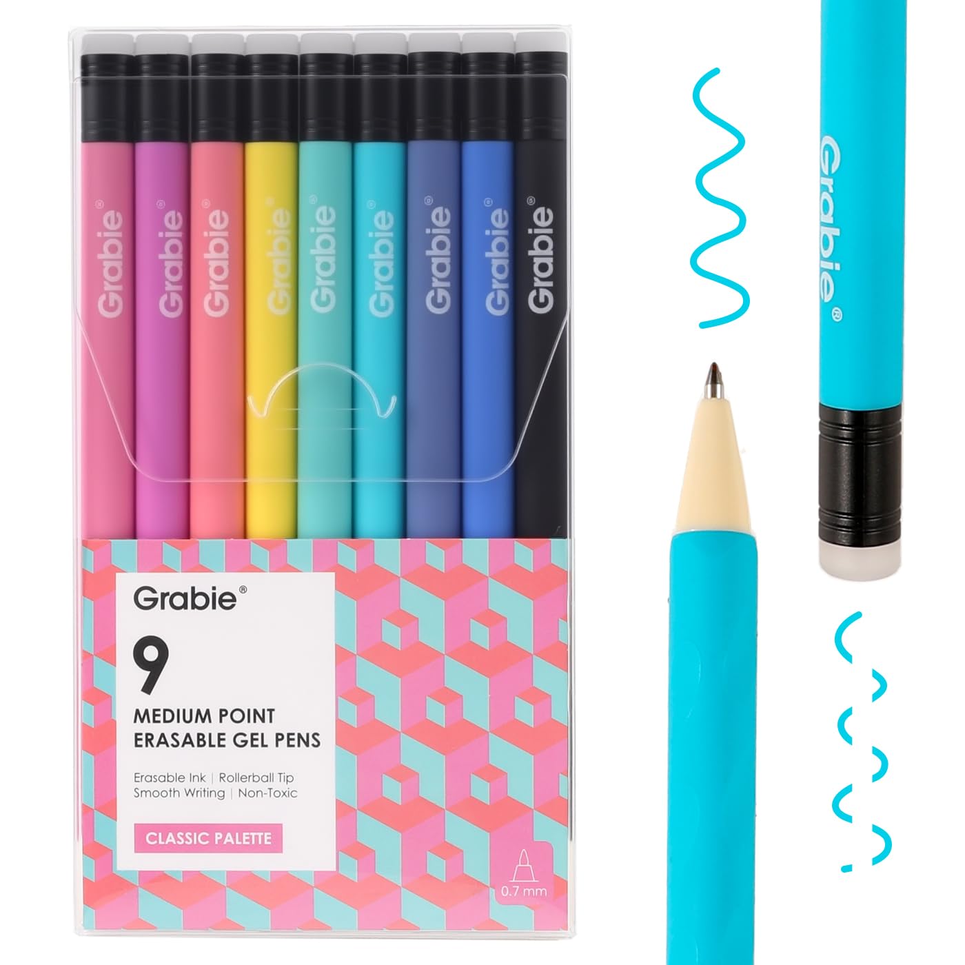 Grabie Erasable Gel Pens, 9 Medium Point 0.7 mm Pens, Classic | Heat-Sensitive E