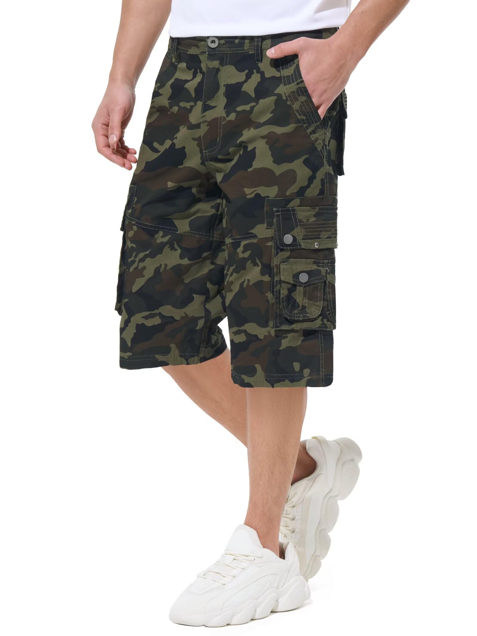 BEST SOUTH Men's Long Cargo Shorts Below Knee 13 Inches Cotton Relaxed Fit