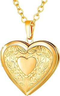 U7 Damen Medaillon zum Öffnen für Bilder personalisiert Foto Text Herzanhänger Rose/Punkte/Streifen/Blumen Muster Halskette Amulett Modeschmuck für Frauen Mädchen