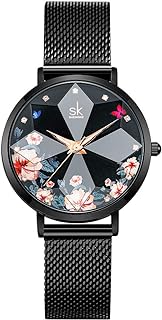 SHENGKE Creative Starry Sky Women Watch with Stainless Steel Mesh Band Genuine Leather Elegant Floral Women Watches
