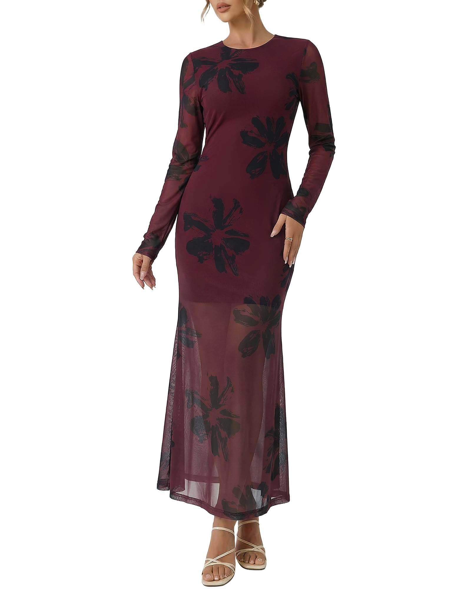 Women's Floral Mesh Cocktail Dresses Long Sleeve Formal Wedding Guest Dress Part
