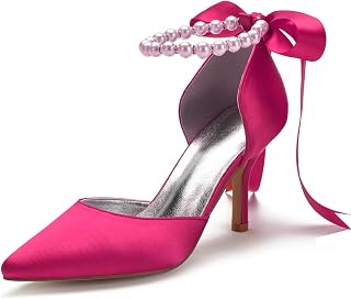 Women's Pearl White Wedding Shoes for Bride High Heels Pointed Toe Bridal Shoes Satin Prom Party Dress Pumps Sandals