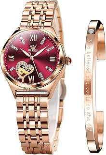 OLEVS automatic woman watch leather strap mechanical diamond dial waterproof, Red-6636