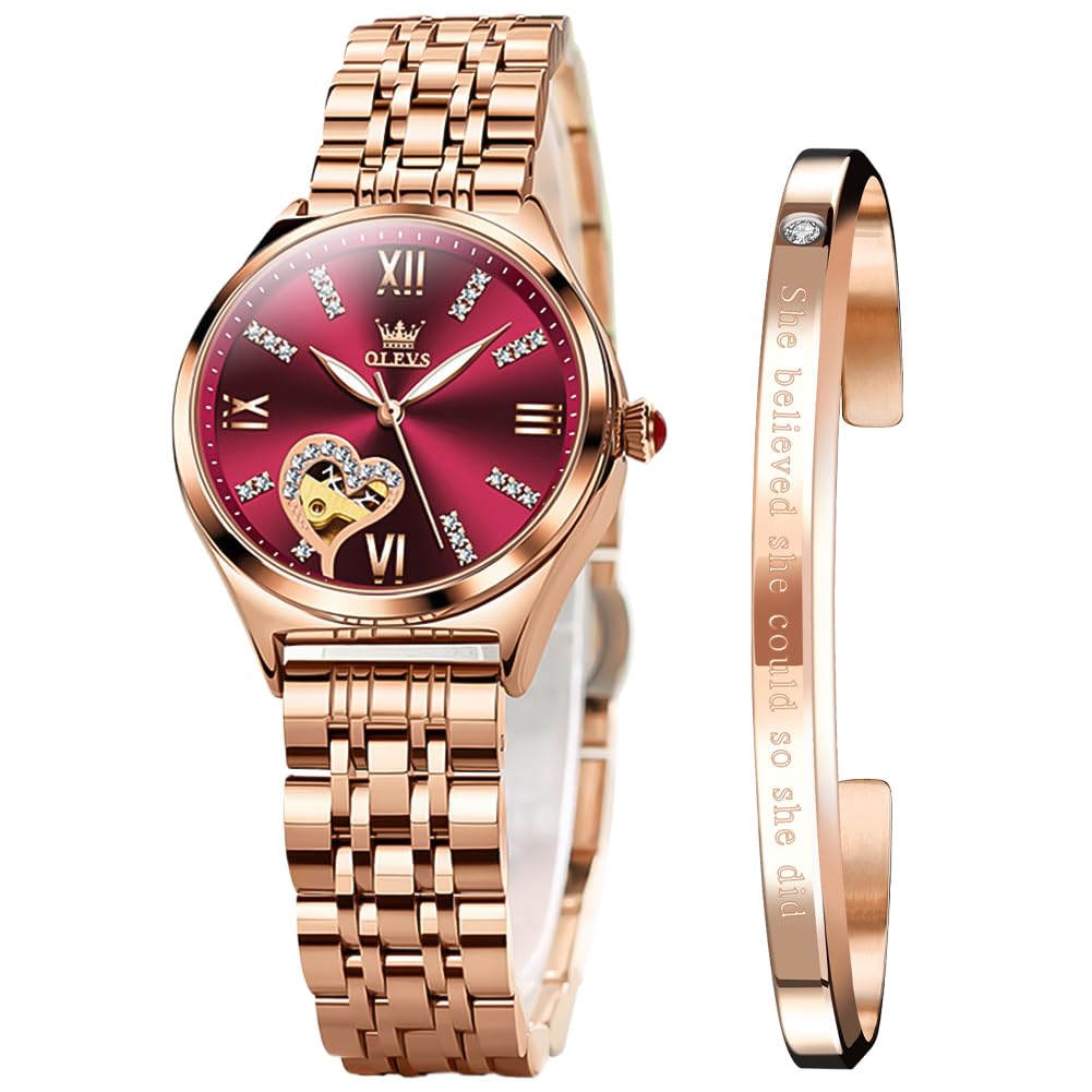 OLEVS automatic woman watch leather strap mechanical diamond dial waterproof, Re