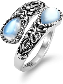 Weviway Sterling Silver Adjustable Vintage Gemstone Ring for Women | Dainty Boho Stackable Natural Stone Thumb Rings, Anxiety Relief Jewellery Gift for Her