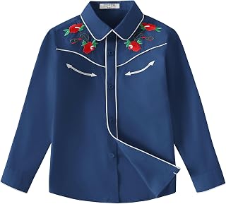 Girls Western Cowgirl Shirt Long Sleeve Retro Floral Embroidered Collared Button Down Blouse Tops for Country Outfit