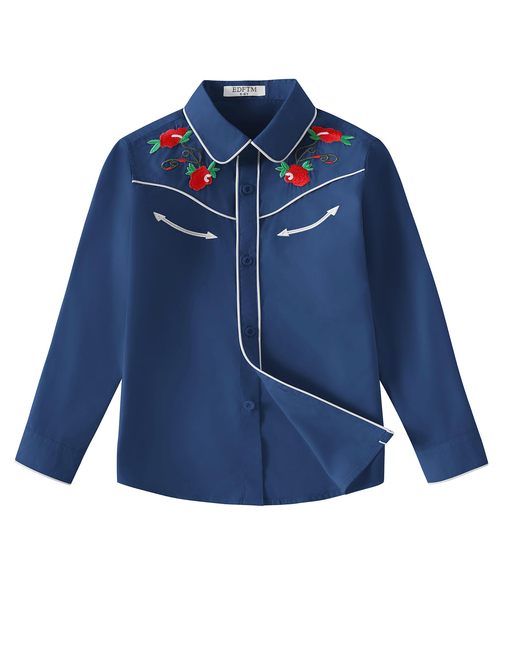 Girls Western Cowgirl Shirt Long Sleeve Retro Floral Embroidered Collared Button