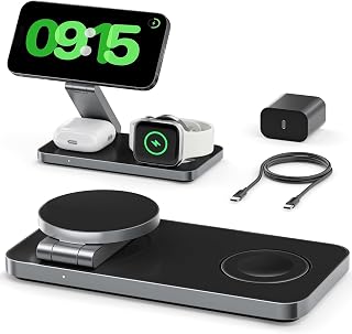 3 in 1 Wireless Charging Station for Apple Devices, Magnetic Foldable Travel Fast Charger Stand Compatible with MagSafe for iPhone Air/18/17/16/15/14/13/12 Series, Apple Watch & AirPods Pro/5/4/3/2