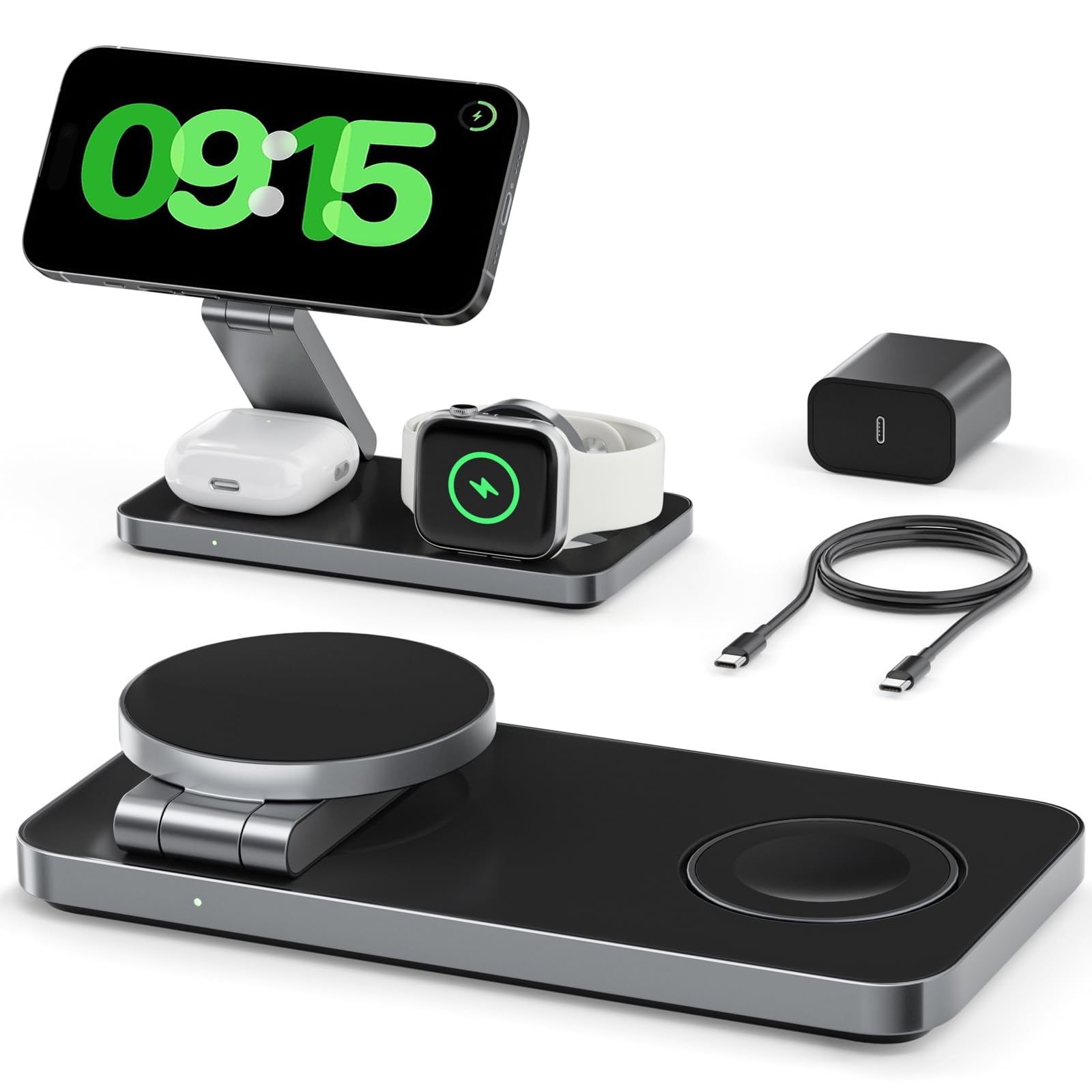 3 in 1 Wireless Charging Station for Apple Devices, Magnetic Foldable Travel Fas