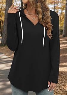 Women Hooded Sweatshirt Long Sleeve Drawstring V Neck Loose Fit Casual Autumn