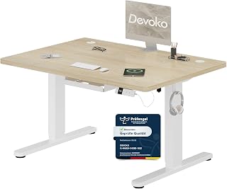 Devoko Height-Adjustable Desk 120 x 80 cm with Type C Charging Port, Mobile Electric Computer Desk with Cable Management Tray and 3-Function Memory, Oak