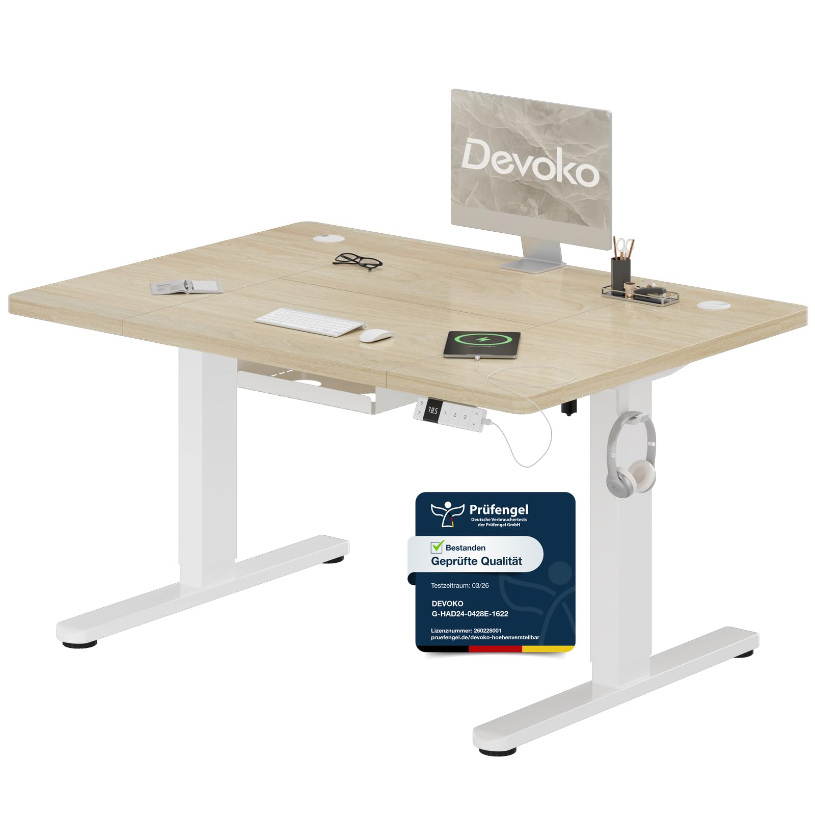 Devoko Height-Adjustable Desk 120 x 80 cm with Type C Charging Port, Mobile Elec