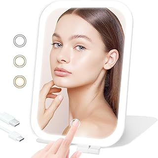TREASO Travel Makeup Mirror, Portable Rechargeable Mirror with Lights | USB-Rechargeable, 3 Color LED Lighting, Adjustable Brightness, 7.9x5.4 inch, 1200mAh Battery, Gift for Women and Girls, White