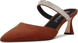 Saekcted Women's Chunky Block Medium Heel Pointed Toe Pumps Slip-on Diamante Crystal Casual Cute Slippers Fashion Shoes