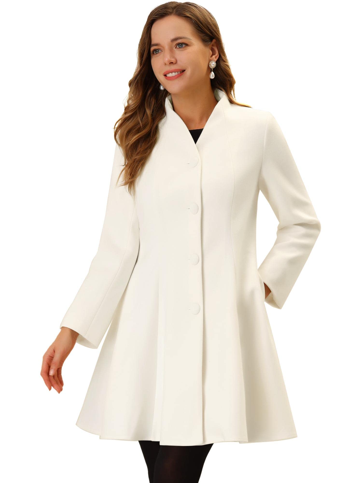 Allegra K Women's Single Breasted Pea Coat A Line Mid-Long Winter Overcoat