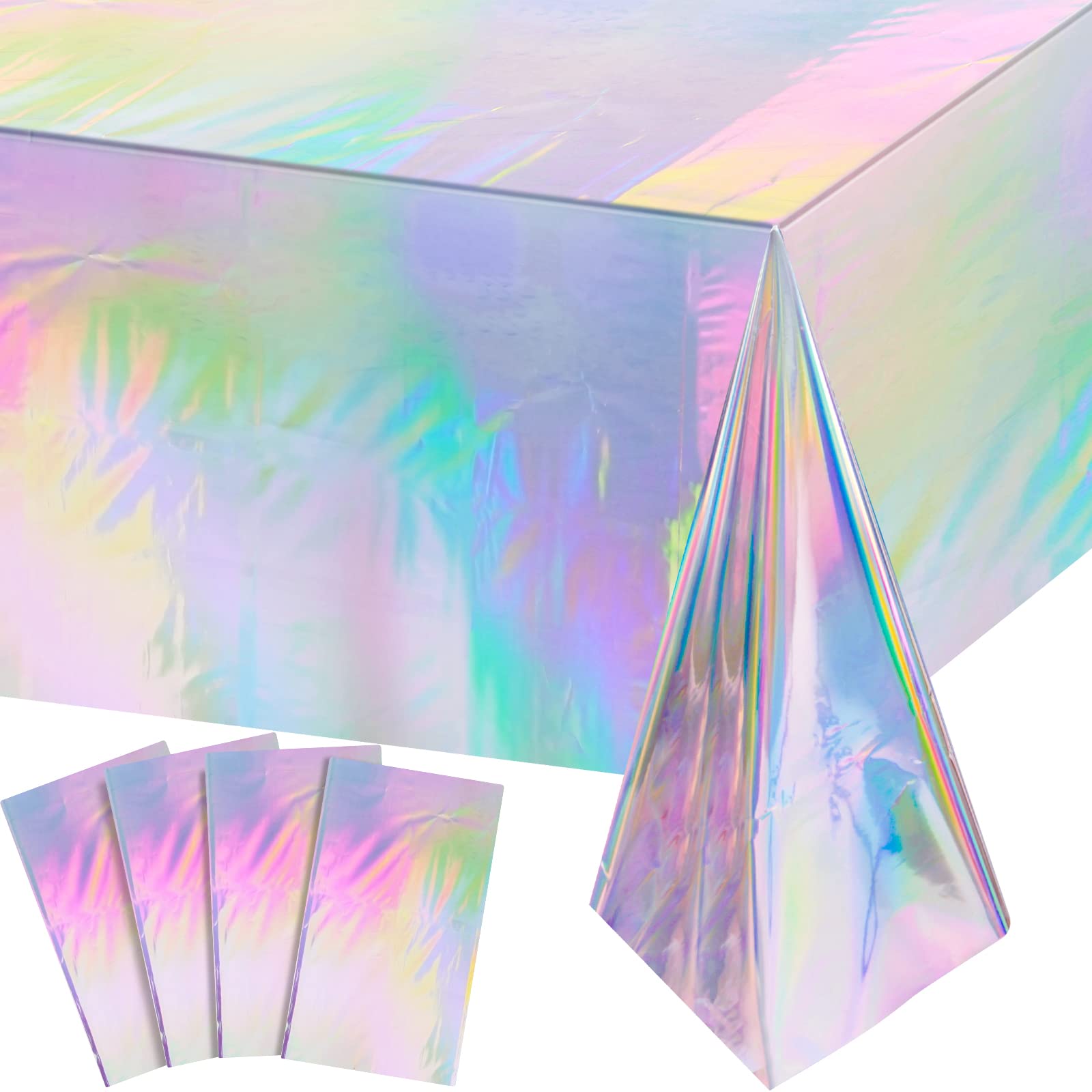 FunnyPars 4 Pack Iridescent Plastic Tablecloths, Disposable Table Covers | Shiny