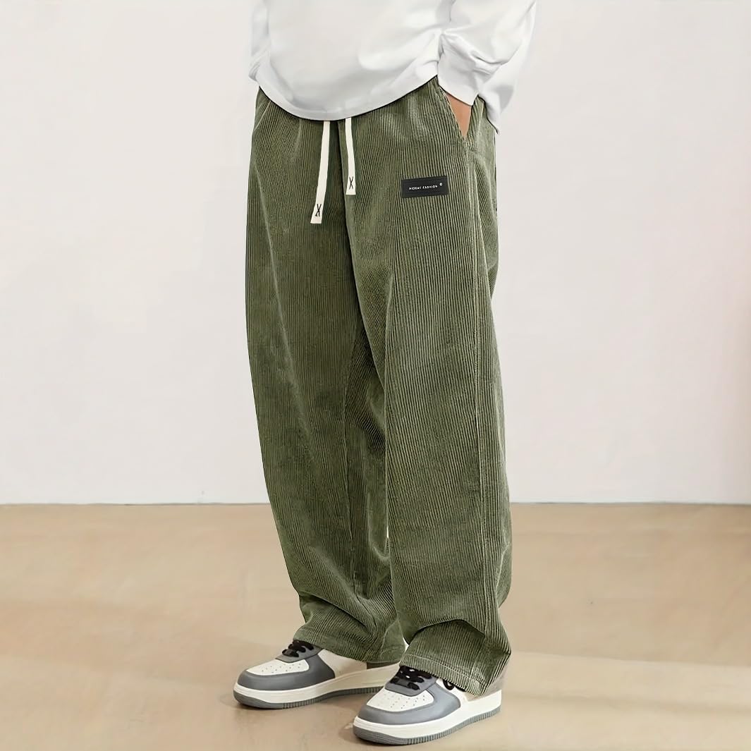 Mens Fashion Corduroy Straight Leg Sweatpants Loose Fit Wide Leg Pants Drawstrin