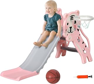 Qaba Toddler Slide with Basketball Hoop, 3 in 1 Kids Slide Indoor Pink | Tiger-Designed, Baby Climbing and Playset Playground Outdoor Toy