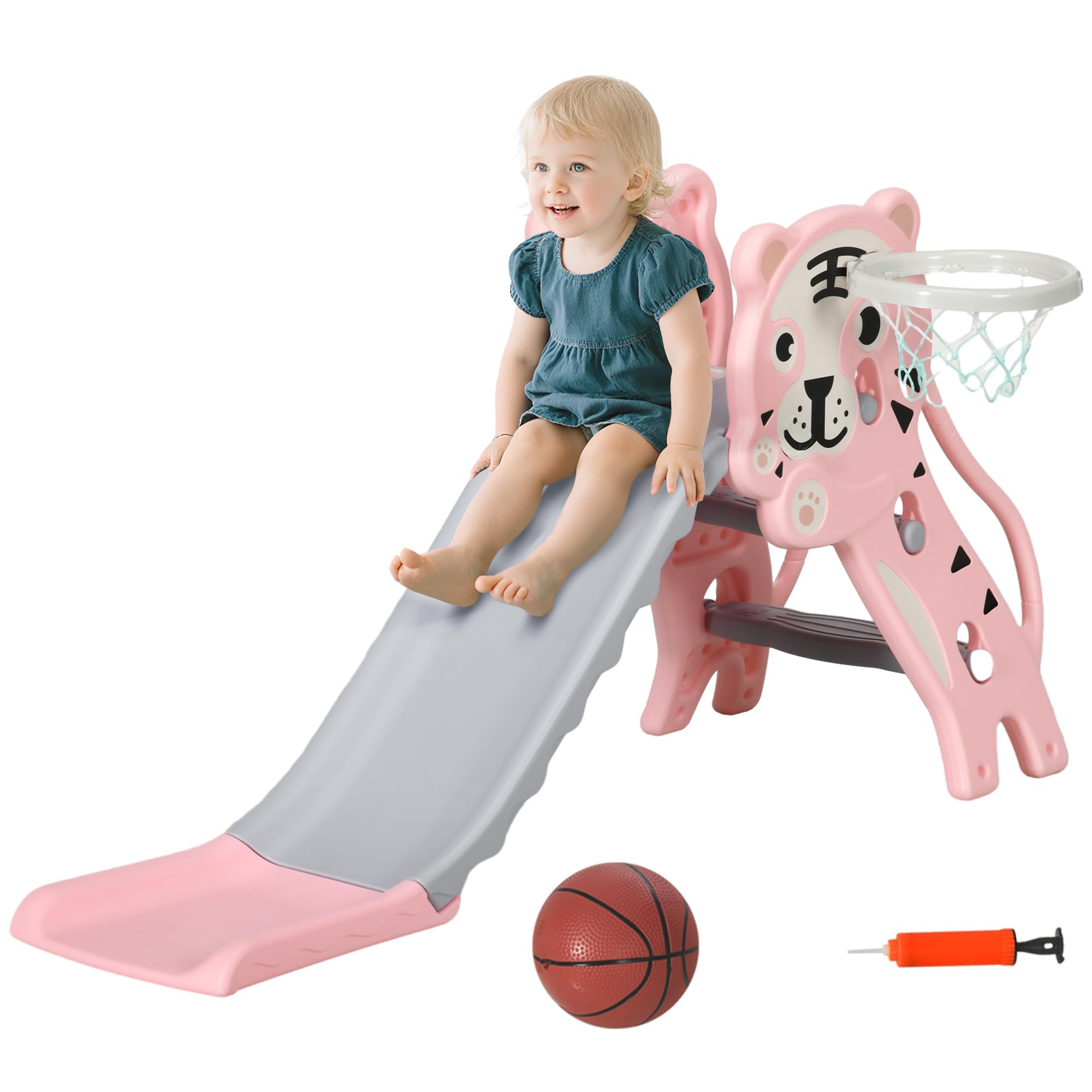 Qaba Toddler Slide with Basketball Hoop, 3 in 1 Kids Slide Indoor Pink | Tiger-D