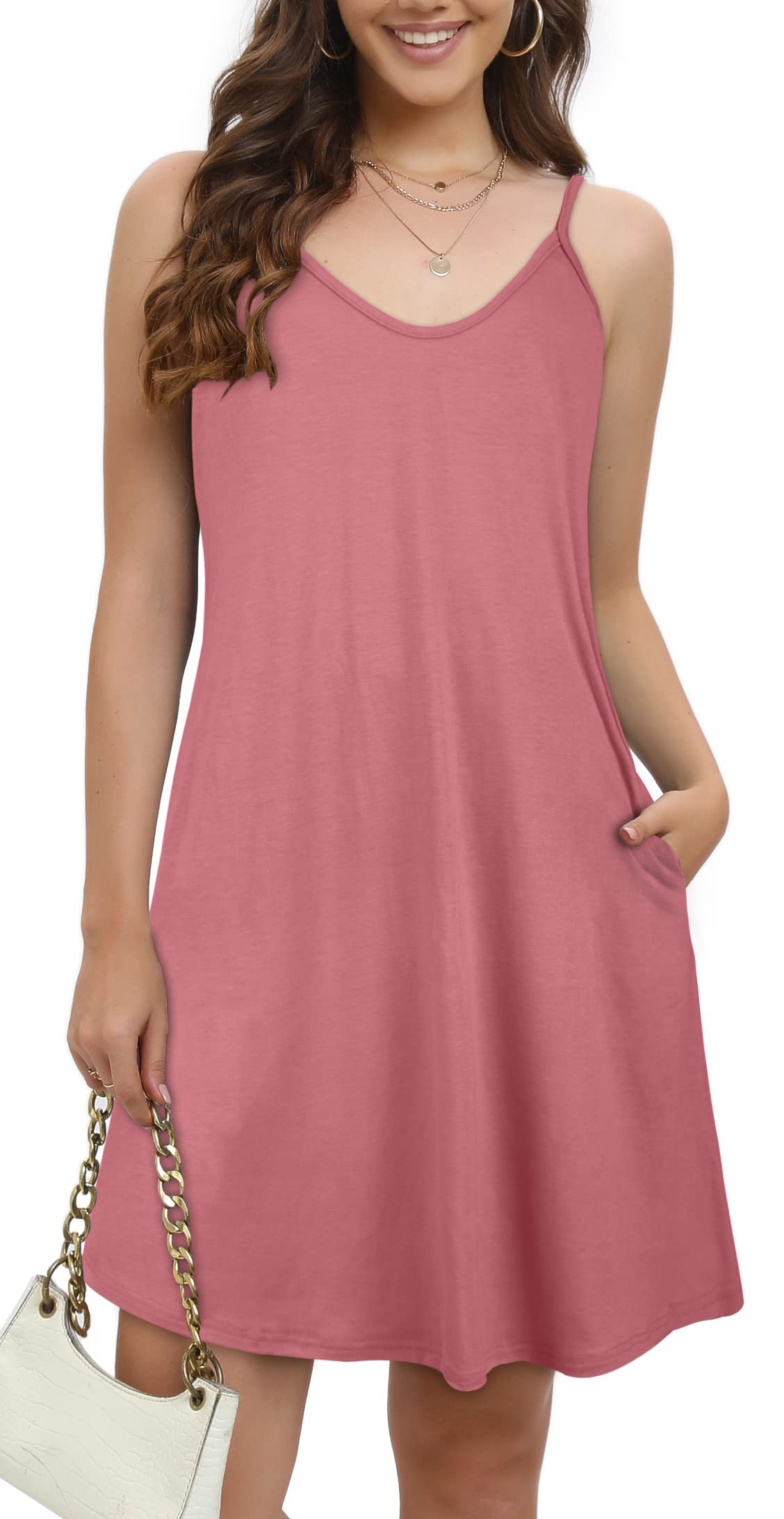JOELLYUS Women Summer Dress Casual Beach Dress Floral Spaghetti Straps Wide Pock