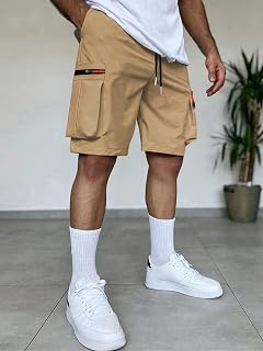 Mens Cargo Shorts Elastic Waist Drawstring Lightweight Casual Shorts with Zipper Pockets