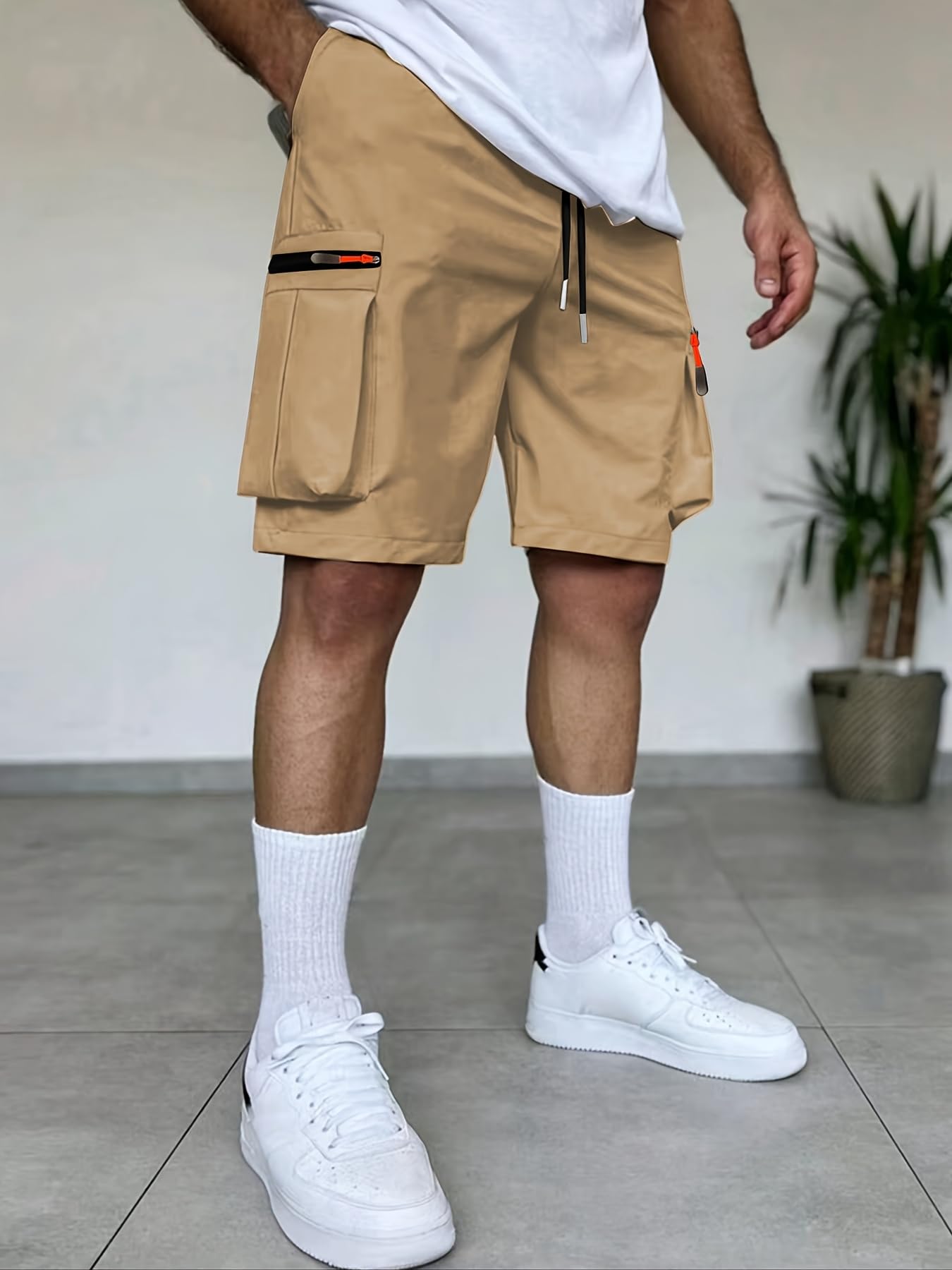 Mens Cargo Shorts Elastic Waist Drawstring Lightweight Casual Shorts with Zipper