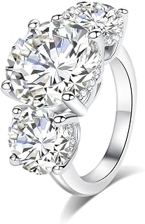 AnuClub Round Cut Moissanite 3 Stone Engagement Rings D Color VVS1 Round Cut 14K White Gold Plated 925 Sterling Silver Anniversary Wedding Promise Ring for Women